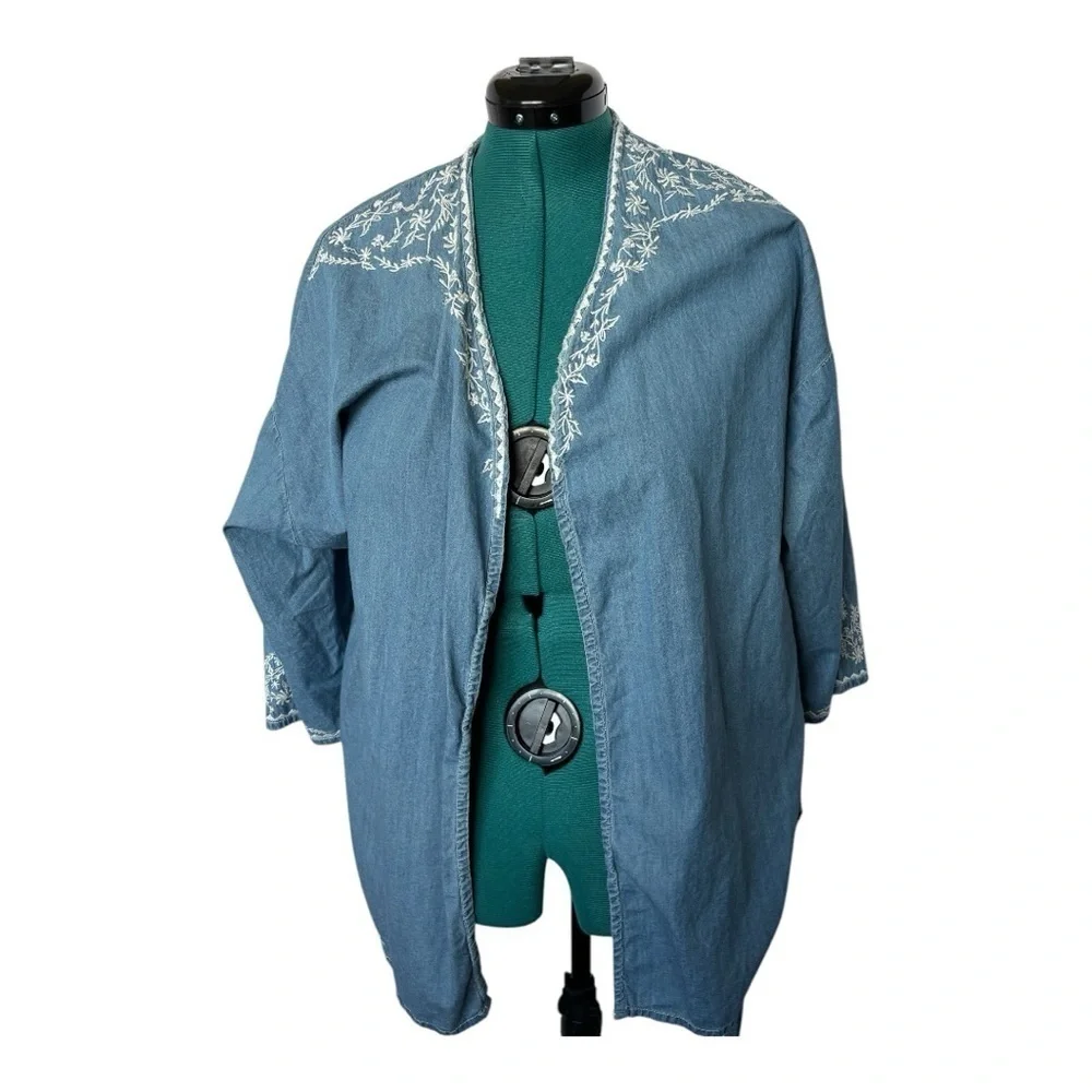 Coldwater Creek Blue Denim Kimono Wrap Top with White Embroidery Sz XL - Picture 5 of 12